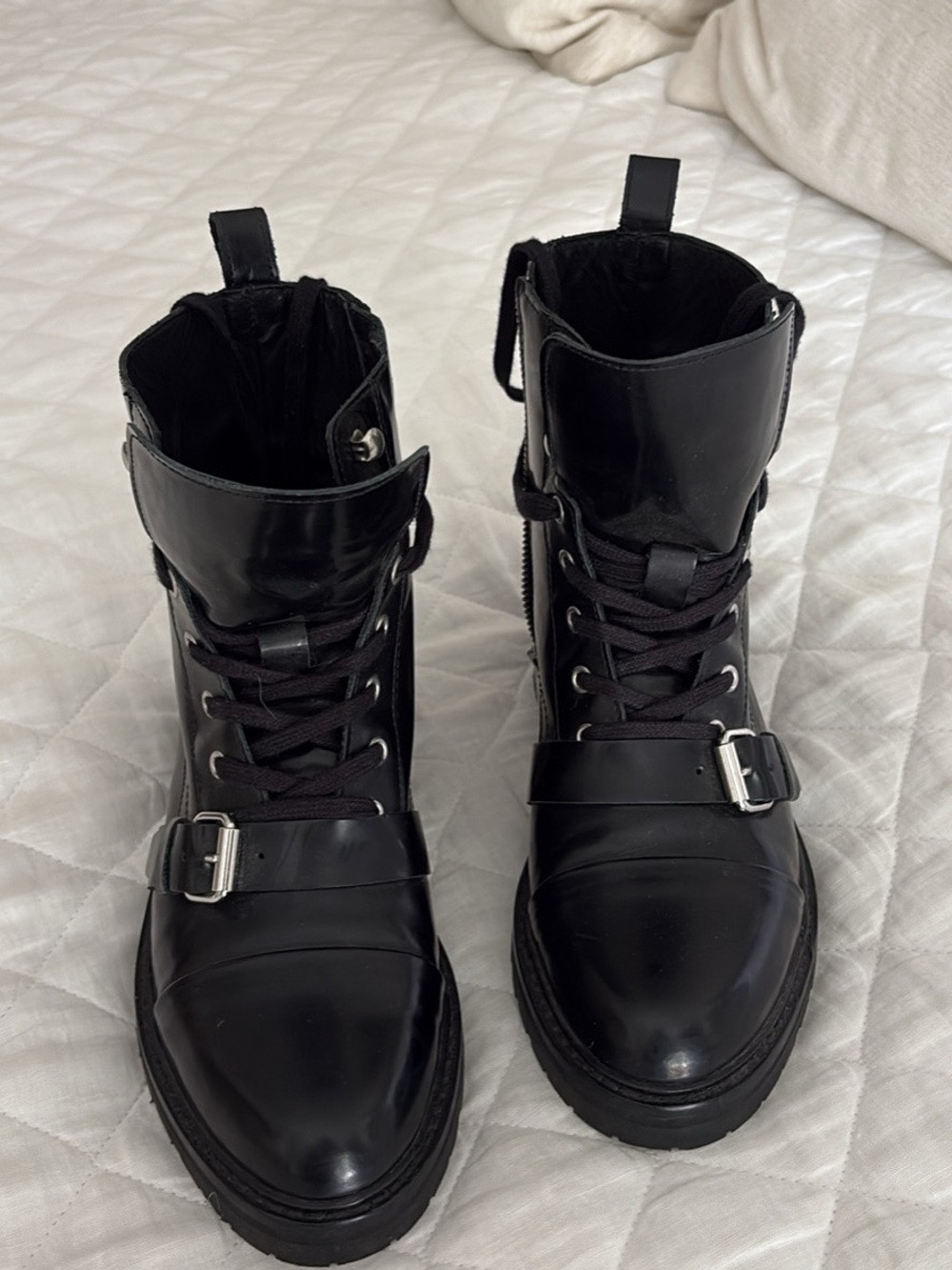Women’s All Saints Black Patent Leather Lace-Up Buckle Boots